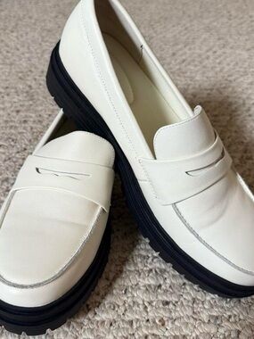 Quince White Leather Penny Loafers with Black Lug Sole